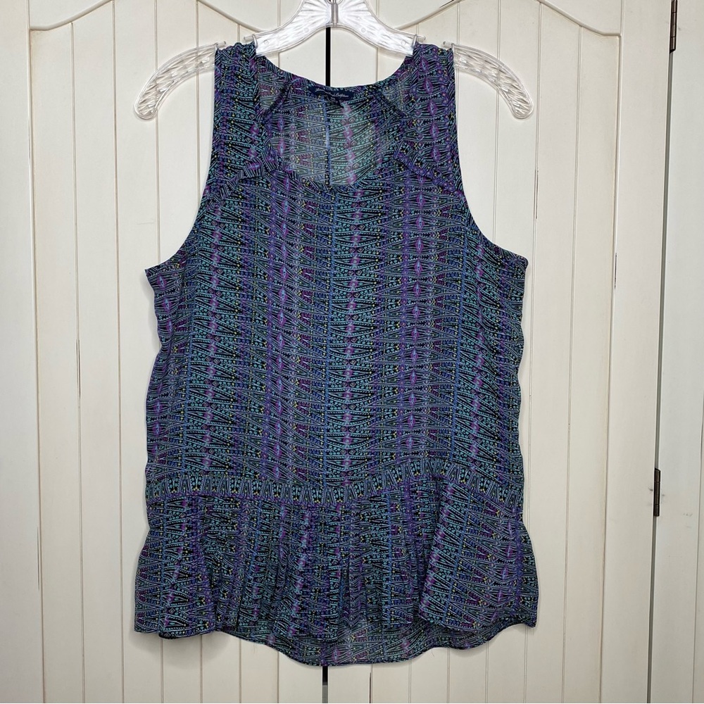 American Eagle Sleeveless Top Black Purple Teal Yellow Print Ruffle Hem Medium